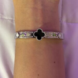 Beautiful Silver Clover + Studded Bangle Bracelet
